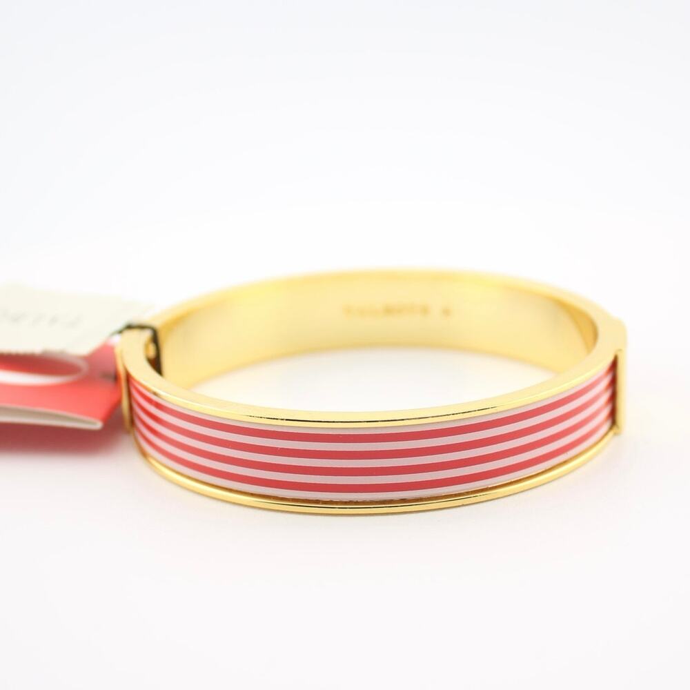 NWT Talbots Gold Pink White Stripe Enamel Hinged Bangle Bracelet